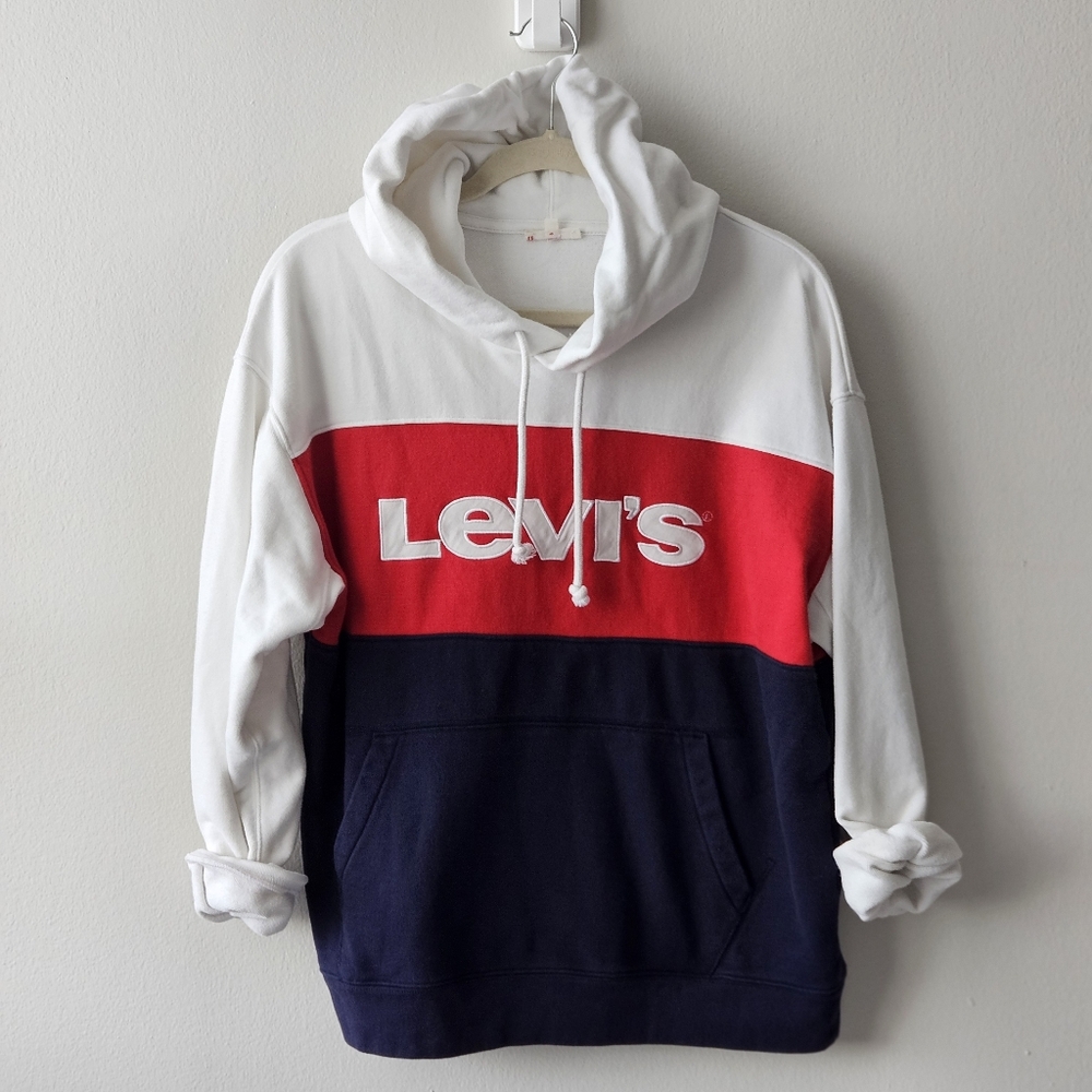 Levi's Colorblock Hoodie Sweatshirt Red White Blue Logo Size M Medium Retro